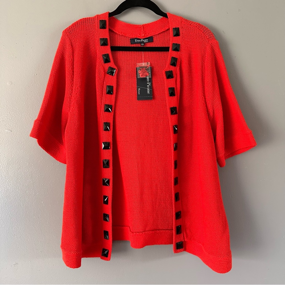 Evan-Picone Woman Open Front Rhinestone Gem Cardigan |‎ Red